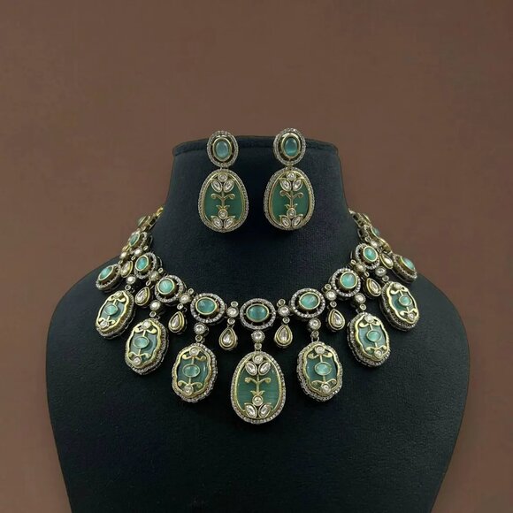 Victorian Polish Moissanite Polki Holdali Necklace Set - Picture 2 of 2